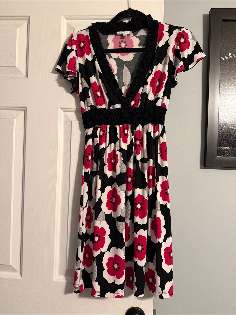 Black Floral V-Neck Dress with Pink & White Blooms